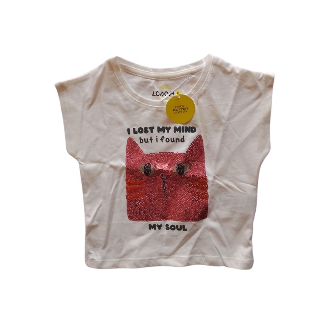 White Tshirt with paillette Cat Face