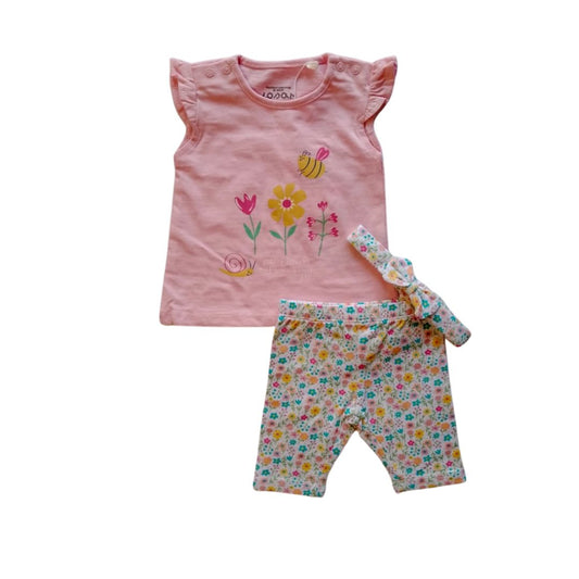 3 pieces set: Pink floral tshirt, white floral short and a head band
